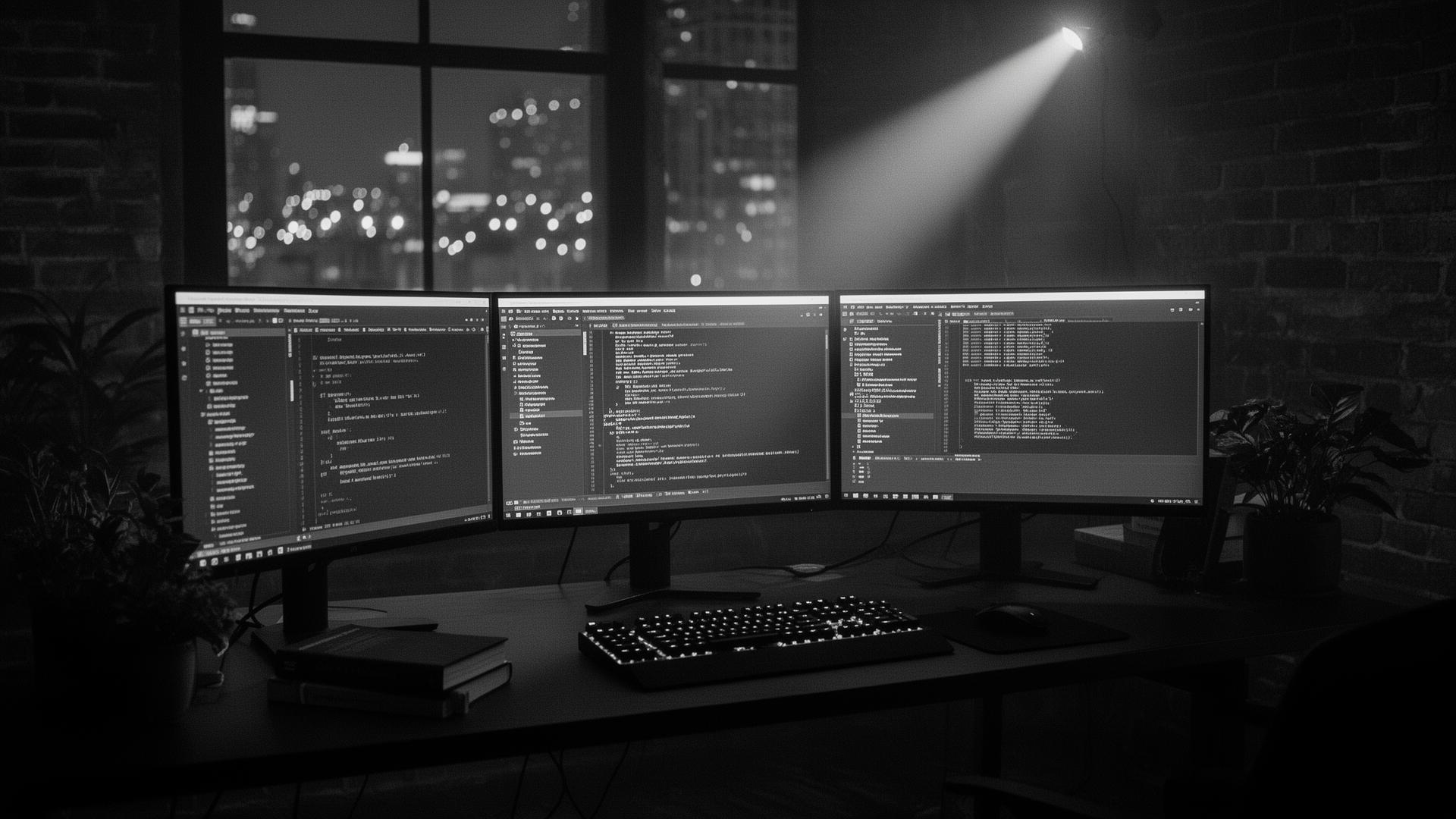 Developer workspace at night with multiple glowing monitors